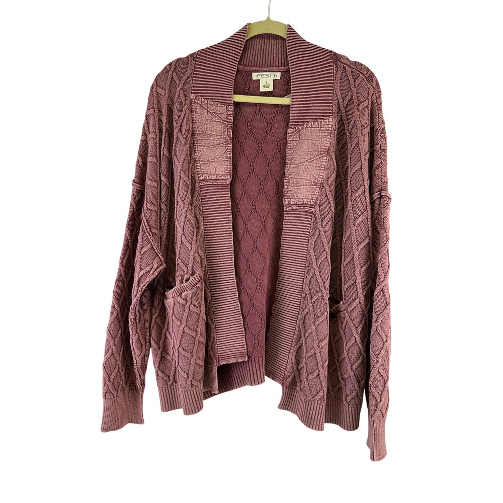 FESTI Torrid Cardigan Sweater Pink Mauve Boho Cable Knit Open Front Pockets 1X